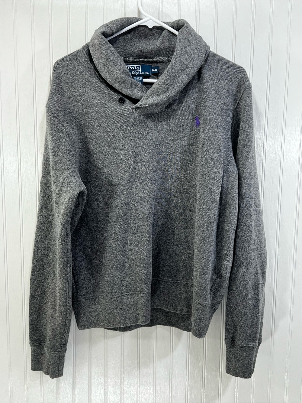 Polo Ralph Lauren Preppy Grey Shawl Collar Sweater with Purple Pony Size M